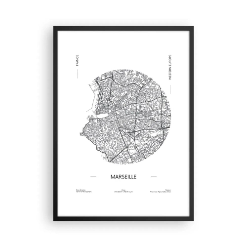 Plakat w czarnej ramie - Minimalistyczna mapa Marsylii w okręgu - 50x70cm - Anatomia Marsylii - Nowoczesna dekoracja ścienna do salonu i sypialni ARTTOR