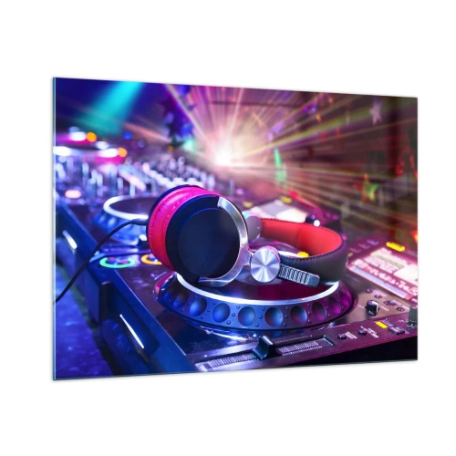 Obraz na szkle - Sprzęt DJ z kolorowymi światłami i słuchawkami - 100x70cm - Będzie, będzie się działo - Nowoczesna dekoracja ścienna do salonu, kuchni i sypialni ARTTOR
