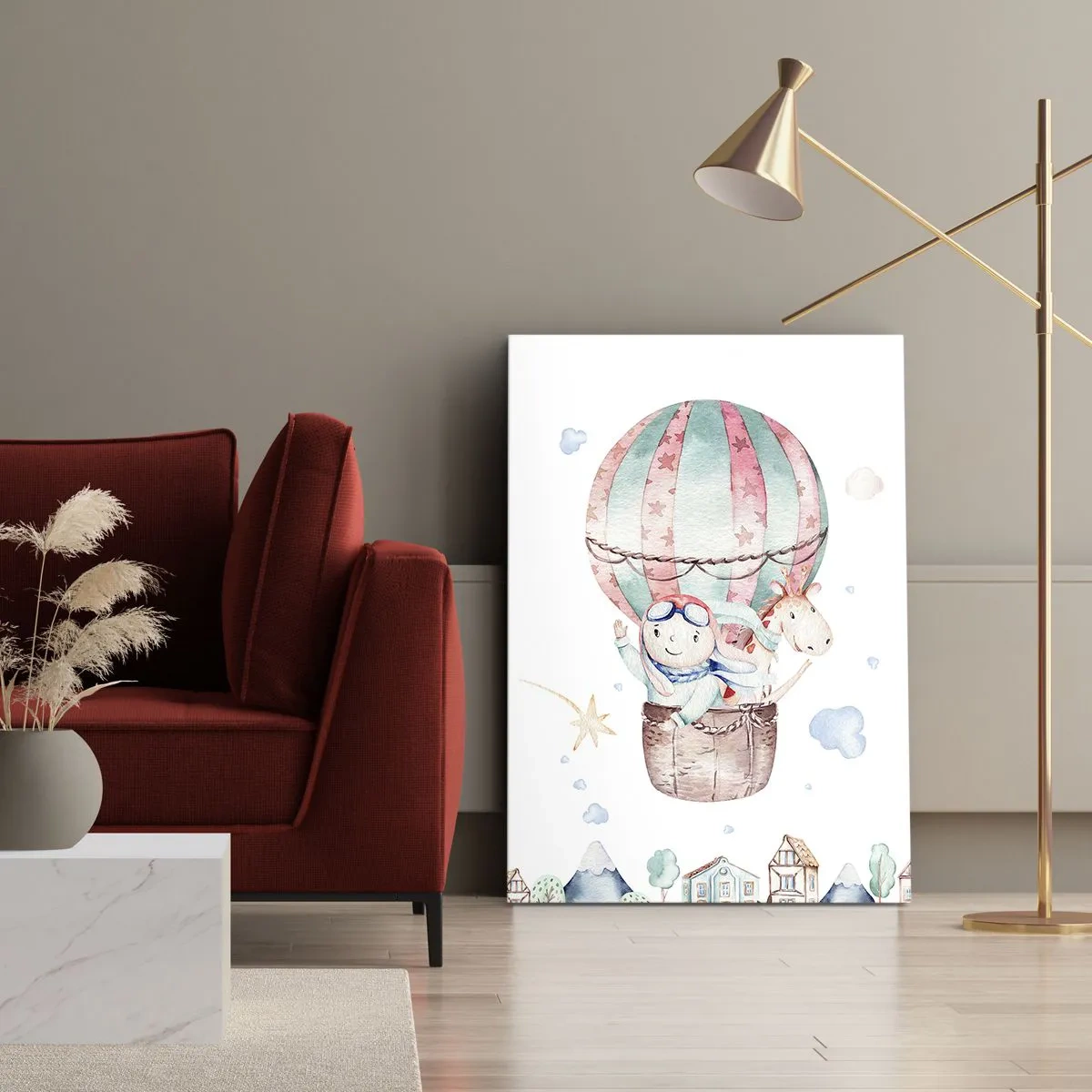 Obraz na płótnie - Urocza akwarela z dzieckiem i konikiem w balonie unoszącym się nad domkami - 50x70cm - Wrócimy wkrótce! - Nowoczesna dekoracja ścienna do salonu, kuchni i sypialni ARTTOR
