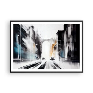 Plakat w czarnej ramie - Abstrakcyjna panorama miasta z łukowym mostem - 100x70cm - Studium miasta: architektura i ruch - Nowoczesna dekoracja ścienna do salonu i sypialni ARTTOR