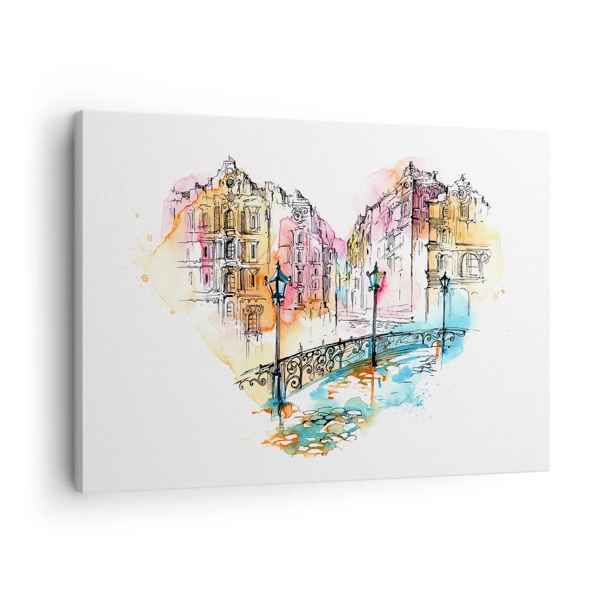 Obraz na płótnie - Serce miasta - Akwarela mostu i kamienic w sercowym kształcie - 70x50cm