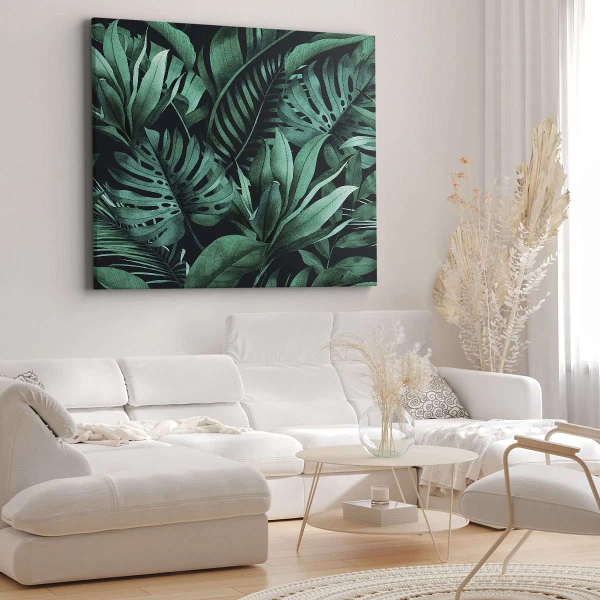 Obraz na płótnie - Tropikalne liście w odcieniach intensywnej zieleni - 70x50cm - Głębia tropikalnej zieleni - Nowoczesna dekoracja ścienna do salonu i sypialni ARTTOR