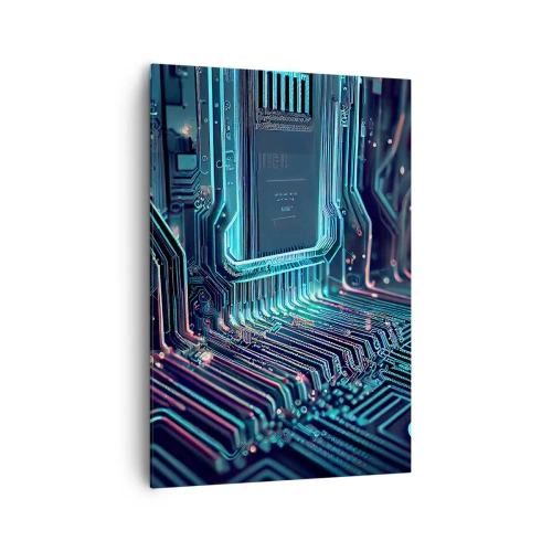 Obraz na płótnie - Technologiczna płytka drukowana z podświetlonymi ścieżkami - 70x100cm - Tak sobie myślę… - Nowoczesna dekoracja ścienna do salonu i sypialni ARTTOR