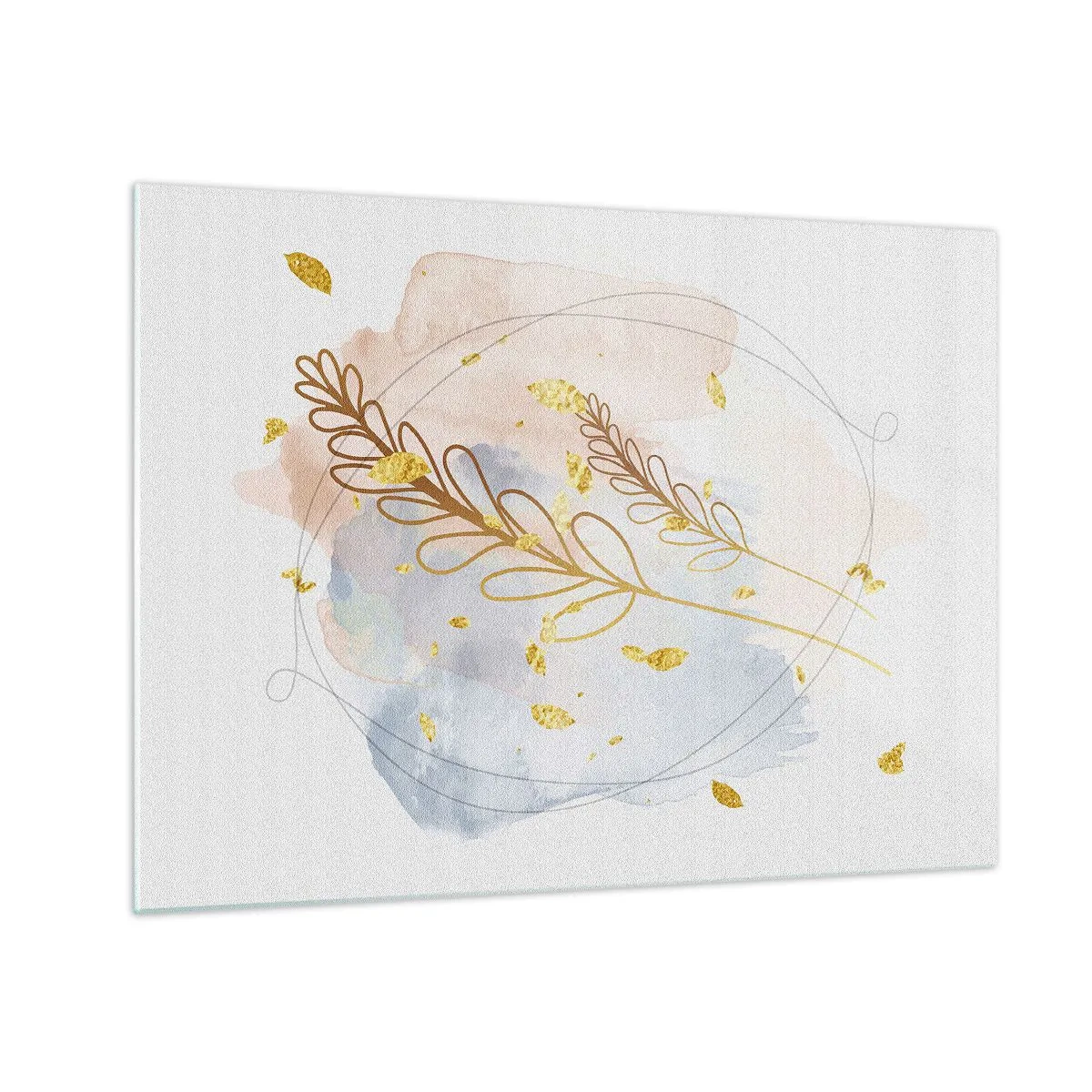 Obraz na szkle - Delikatna kompozycja z gałązkami i złotymi liśćmi na akwareli - 70x50cm - Złoty podmuch - Nowoczesna dekoracja ścienna do salonu i sypialni ARTTOR