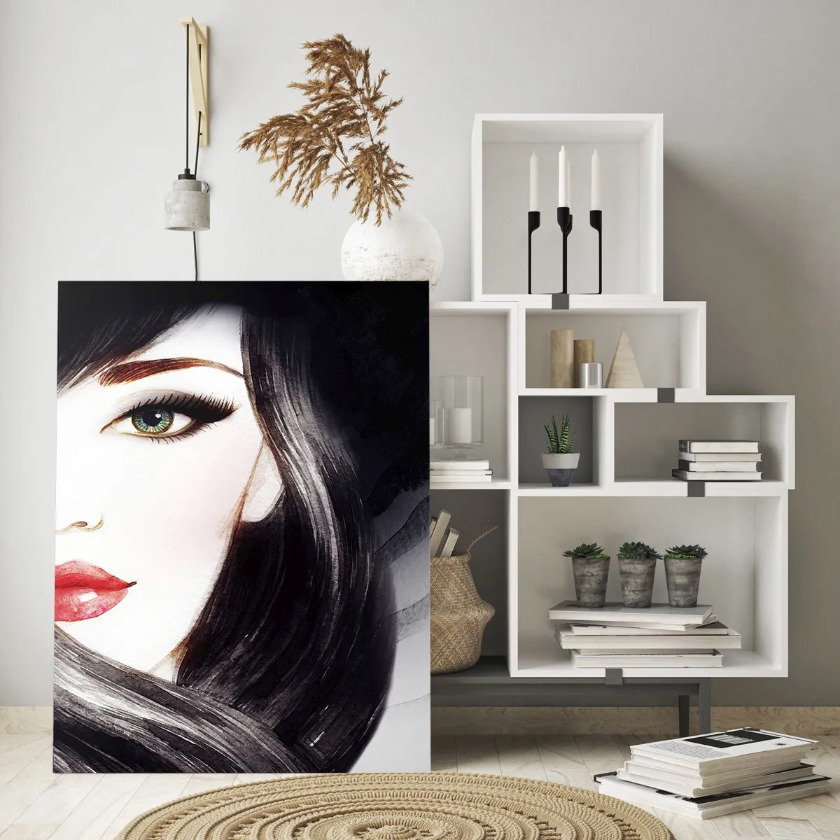 Obraz na szkle - Portret kobiety z wyrazistym spojrzeniem i czerwonymi ustami - 70x100cm - Szafirowe spojrzenie - Nowoczesna dekoracja ścienna do salonu i sypialni ARTTOR