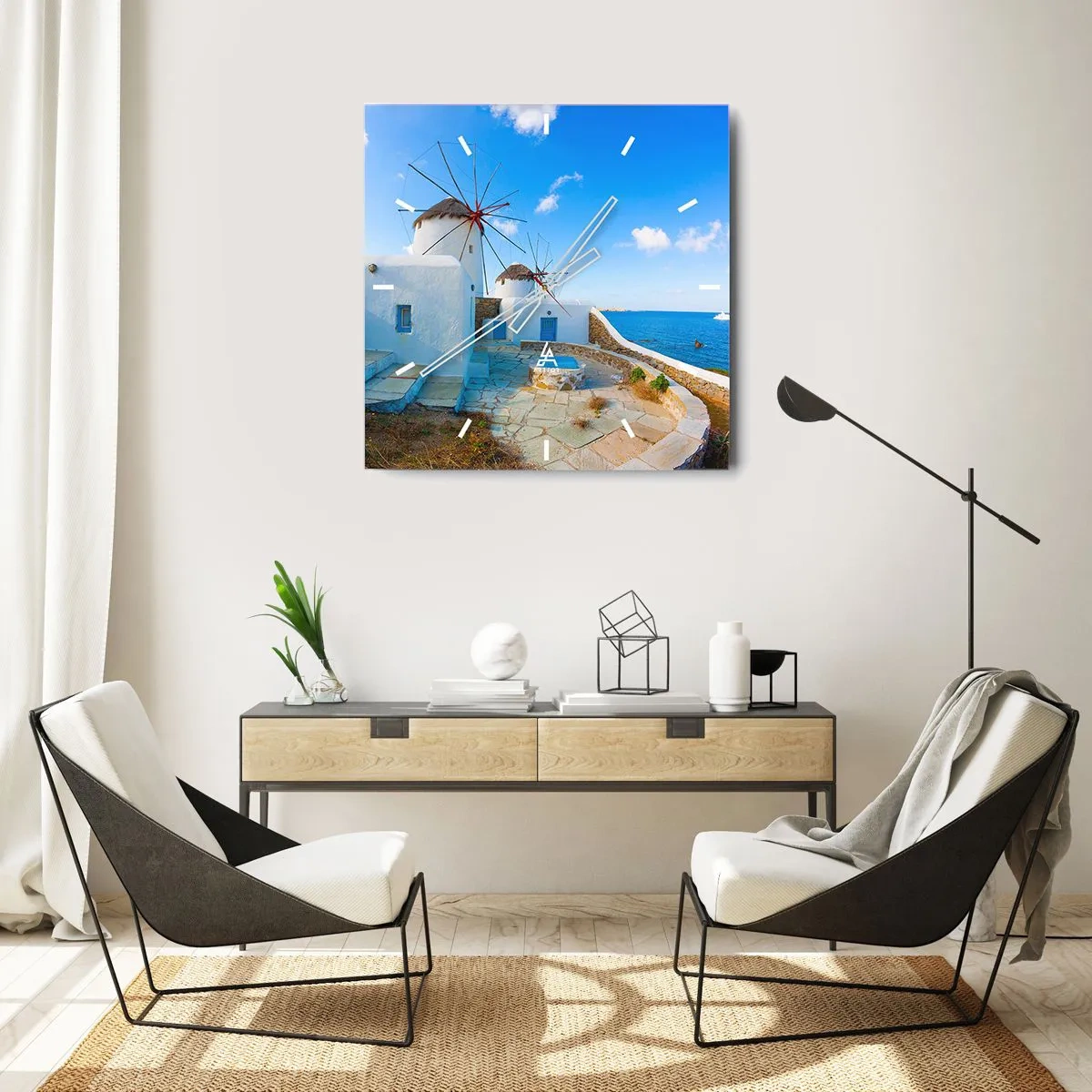 Zegar ścienny - Białe wiatraki nad brzegiem błękitnego morza - 30x30cm - Błękitny wiatr od morza - Nowoczesna dekoracja ścienna do salonu i sypialni ARTTOR
