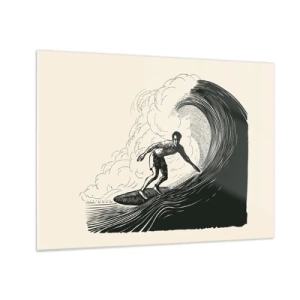 Obraz na szkle - Surfer na wysokiej fali w stylu retro rysunku - 70x50cm - Król fali - Nowoczesna dekoracja ścienna do salonu i sypialni ARTTOR