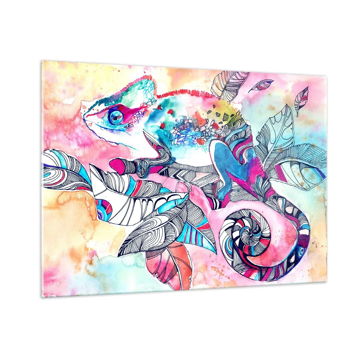 Obraz na szkle - Kolorowy chameleon wśród liści w stylu akwarelowym - 100x70cm - Kolorowy jak nasz świat - Nowoczesna dekoracja ścienna do salonu, kuchni i sypialni ARTTOR