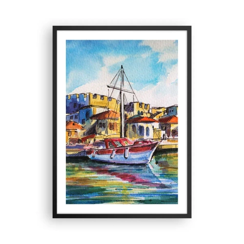 Plakat w czarnej ramie - Kolorowa akwarela z jachtem w nadmorskim miasteczku - 50x70cm - Tęczowe popołudnie - Nowoczesna dekoracja ścienna do salonu i sypialni ARTTOR