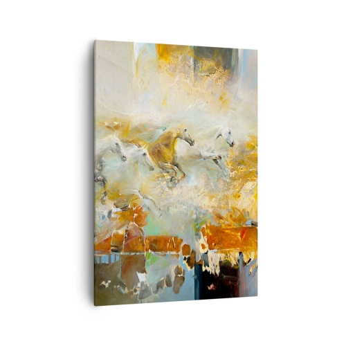 Obraz na płótnie - Artystyczne konie w dynamicznej scenerii pełnej kolorów - 70x100cm - Galopem przez światło - Nowoczesna dekoracja ścienna do salonu i sypialni ARTTOR
