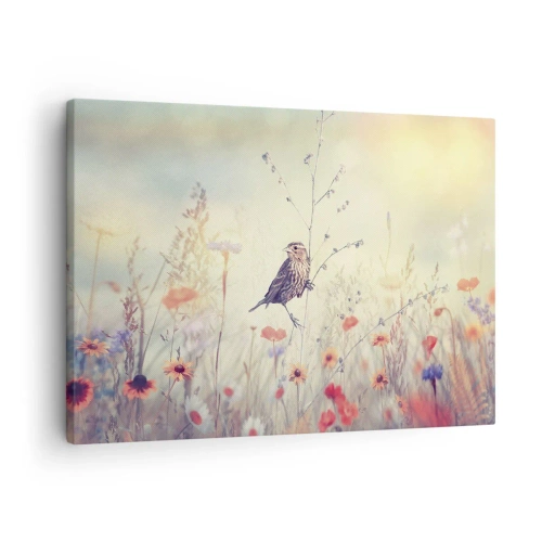 Obraz na płótnie - Ptak na tle kolorowej łąki w pastelowych barwach - 70x50cm - Ptasi portret z łąką w tle - Nowoczesna dekoracja ścienna do salonu i sypialni ARTTOR