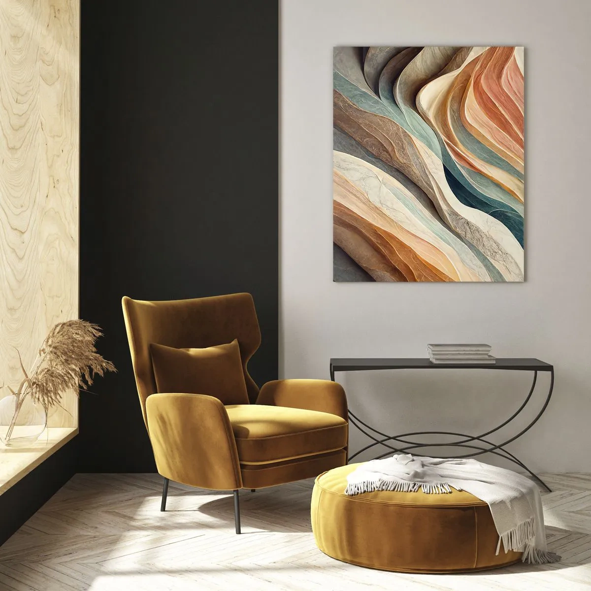 Obraz na szkle - Kolorowe warstwy przypominające fałdy skalne i piaskowe - 50x70cm - Chwila przed zmianą - Nowoczesna dekoracja ścienna do salonu, kuchni i sypialni ARTTOR