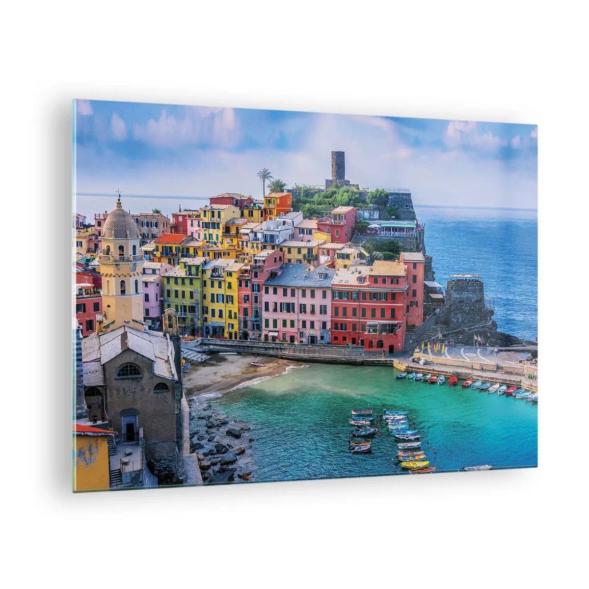Obraz na szkle - Kolorowe śródziemnomorskie miasteczko nad błękitnym morzem - 70x50cm - Śródziemnomorskie magiczne miasteczko - Nowoczesna dekoracja ścienna do salonu i sypialni ARTTOR