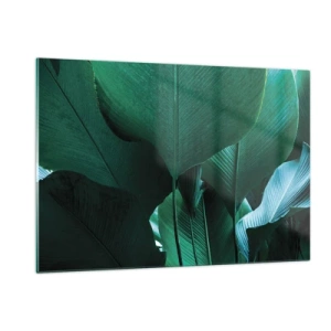 Obraz na szkle - Tropikalne liście w intensywnych odcieniach zieleni - 120x80cm - Zwrócone do światła - Nowoczesna dekoracja ścienna do salonu, kuchni i sypialni ARTTOR