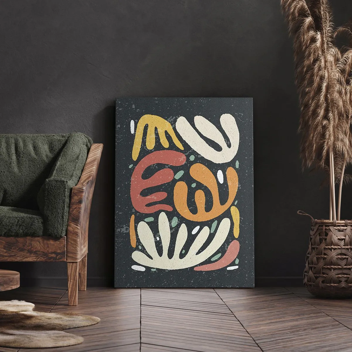 Obraz na płótnie - Abstrakcyjne kształty w ciepłych kolorach na ciemnym tle - 70x100cm - Kompozycja – zaraz cię schwytam - Nowoczesna dekoracja ścienna do salonu i sypialni ARTTOR