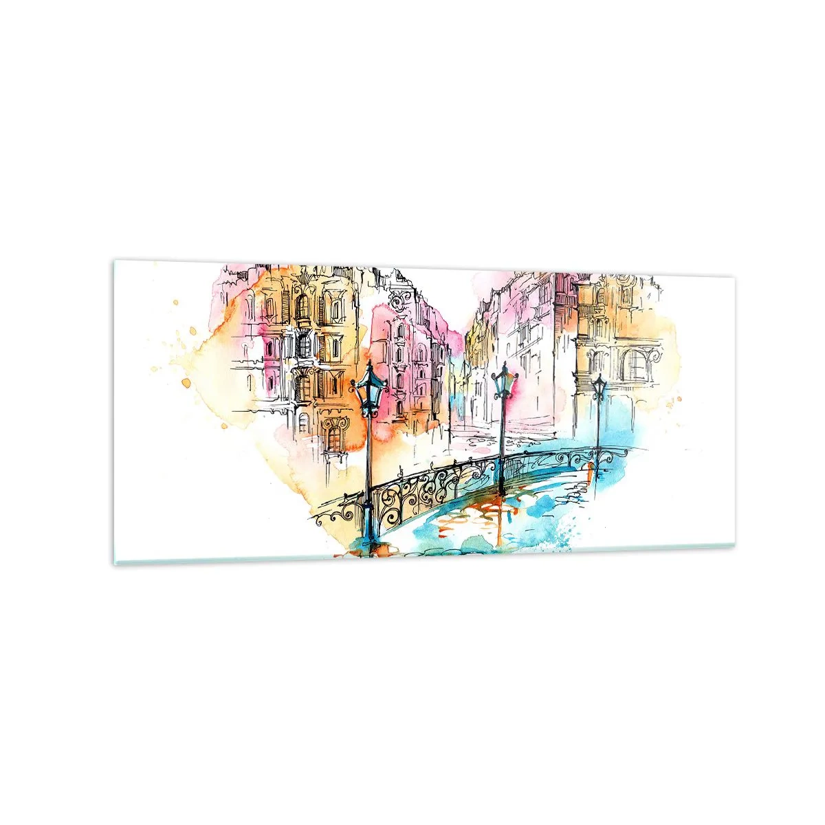 Obraz na szkle - Akwarela mostu i kamienic w sercowym kształcie - 120x50cm - Serce miasta - Nowoczesna dekoracja ścienna do salonu i sypialni ARTTOR