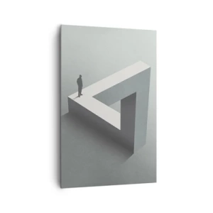 Obraz na płótnie - Postać stojąca na trójkącie Penrose’a w szarościach - 80x120cm - A jednak możliwe - Nowoczesna dekoracja ścienna do salonu i sypialni ARTTOR