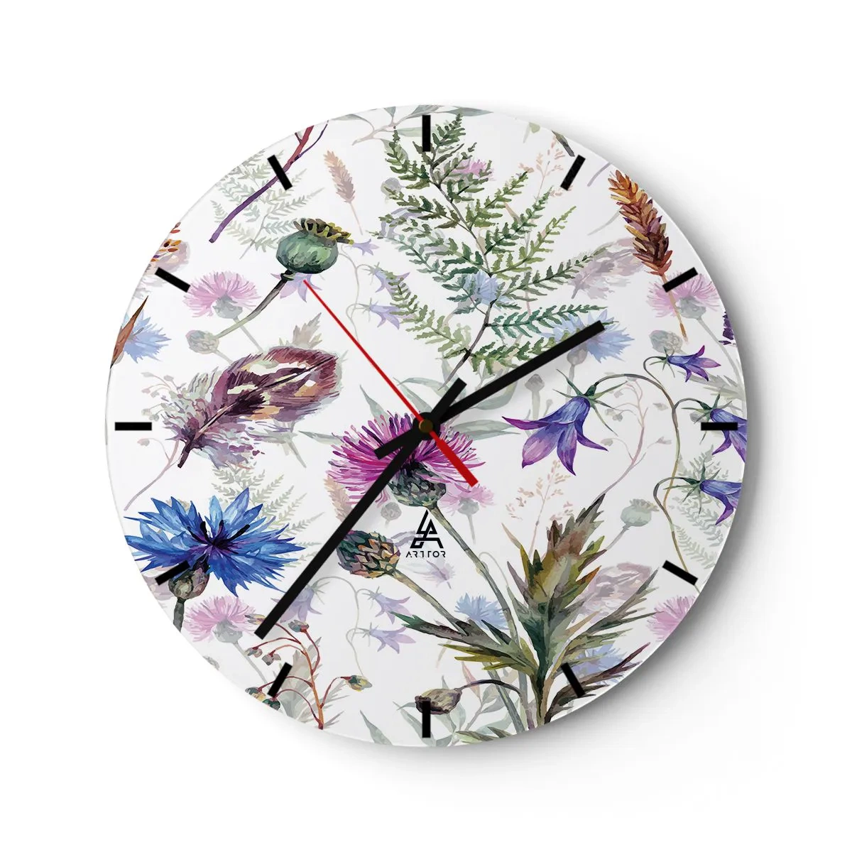Zegar ścienny - Delikatny wzór z polnymi kwiatami i liśćmi na białym tle - 30x30cm - Polski zielnik - Nowoczesna dekoracja ścienna do salonu, kuchni i sypialni ARTTOR
