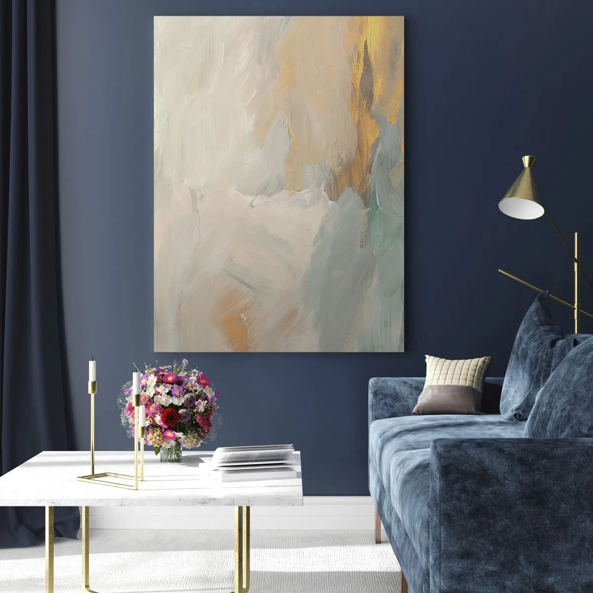 Obraz na szkle - Delikatne abstrakcyjne pociągnięcia w odcieniach bieli i złota - 80x120cm - Abstrakcja – kraina łagodności - Nowoczesna dekoracja ścienna do salonu i sypialni ARTTOR