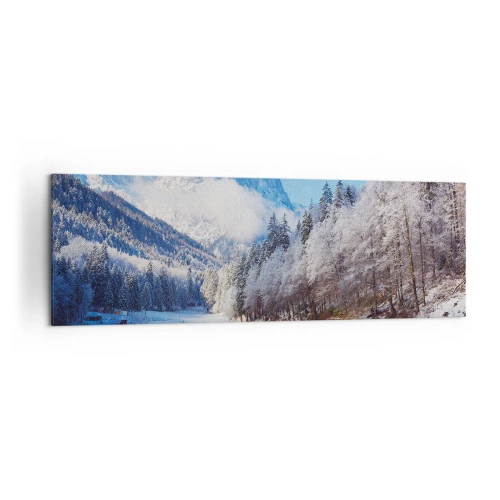 Obraz na płótnie - Zimowy krajobraz górski z ośnieżonymi drzewami i jeziorem - 160x50cm - Śnieżna straż - Nowoczesna dekoracja ścienna do salonu i sypialni ARTTOR
