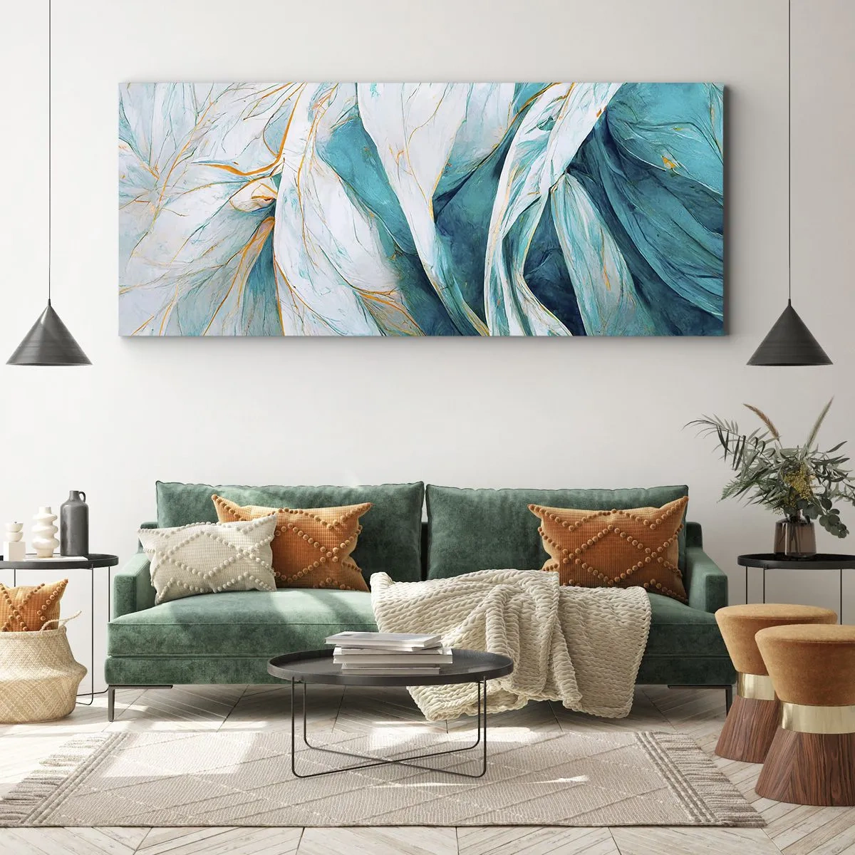 Obraz na płótnie - Błękitna abstrakcja z motywem złota - 100x40 cm