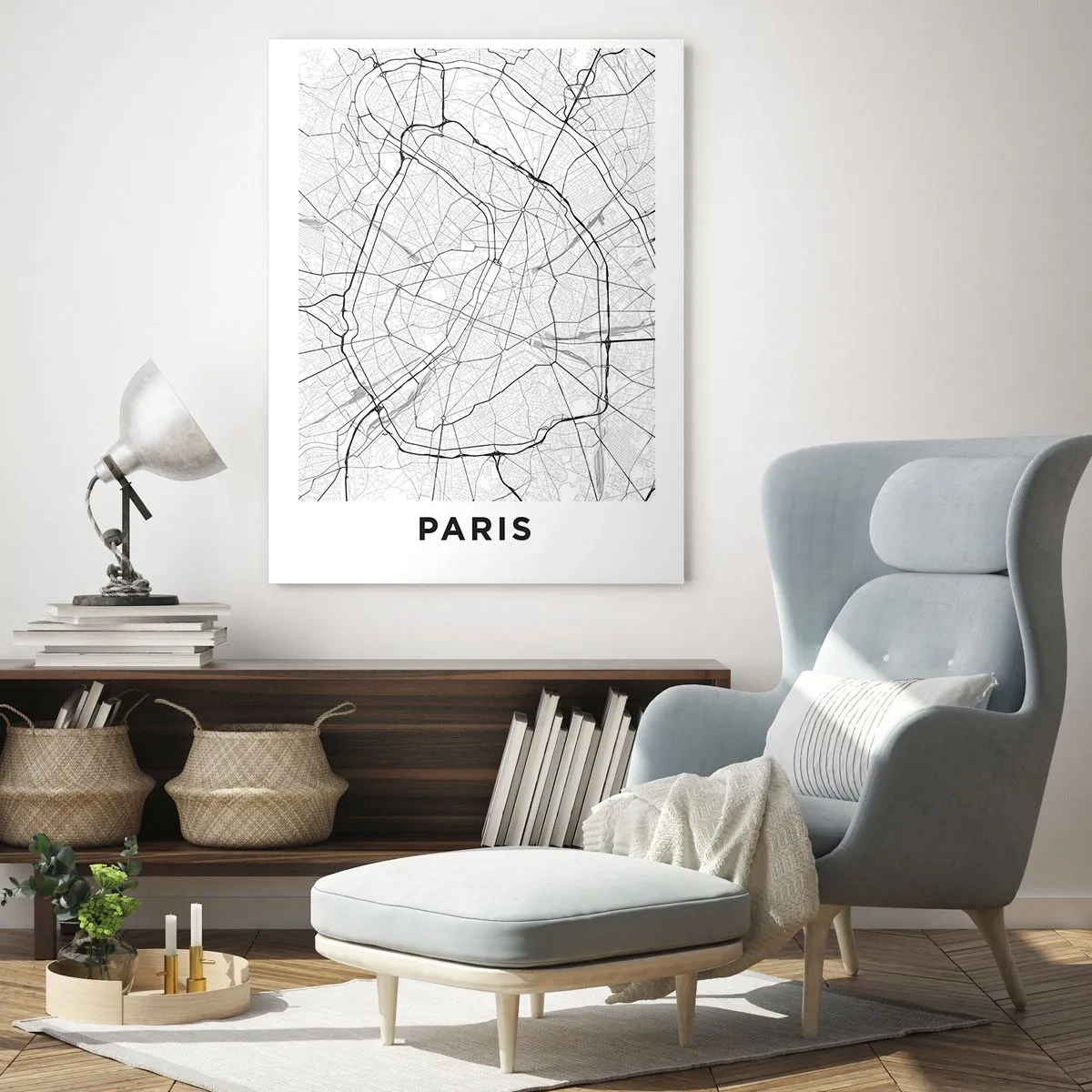 Obraz na szkle - Czarno-biała mapa miasta z siatką ulic i okrężnymi arteriami - 50x70cm - Kwiat Paryża - Nowoczesna dekoracja ścienna do salonu, kuchni i sypialni ARTTOR