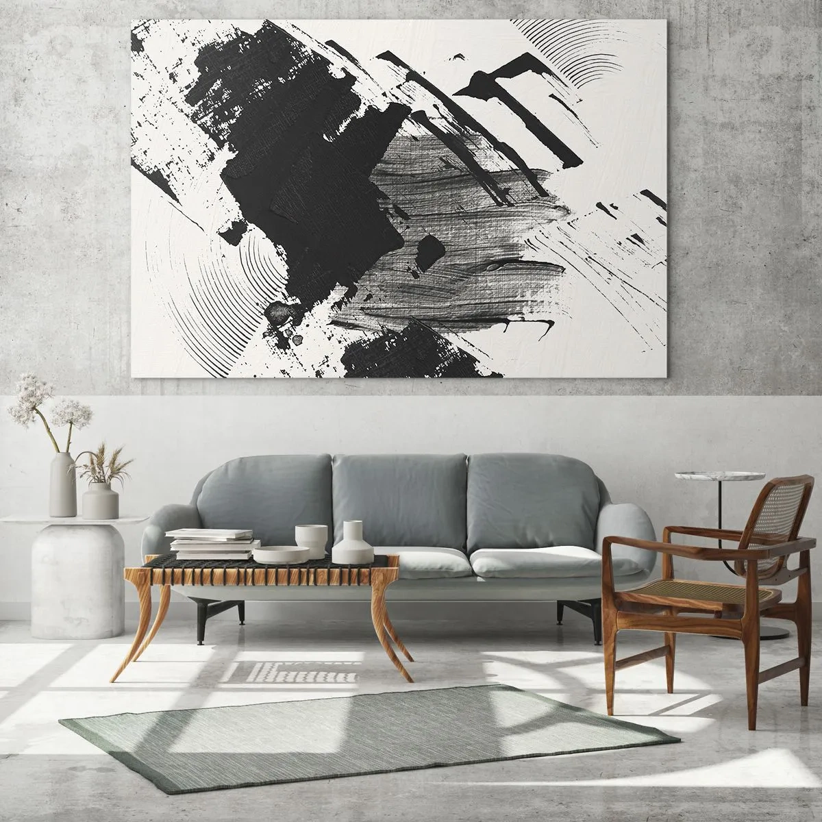 Obraz na szkle - Ekspresyjna abstrakcja w czerni i bieli z dynamicznymi pociągnięciami - 70x50cm - Abstrakcja – ekspresja czerni - Nowoczesna dekoracja ścienna do salonu i sypialni ARTTOR