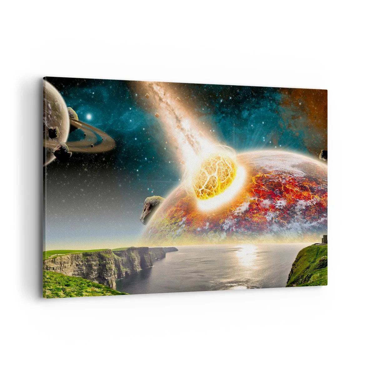Obraz na płótnie - Zderzenie meteorytu z planetą w kosmicznym krajobrazie - 120x80cm - Kosmiczny dramat - Nowoczesna dekoracja ścienna do salonu, kuchni i sypialni ARTTOR