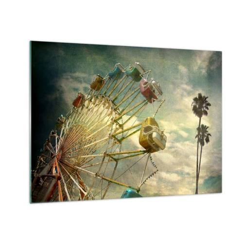 Obraz na szkle - Diabelski młyn na tle nieba i palm w stylu retro - 70x50cm - Będzie, będzie zabawa… - Nowoczesna dekoracja ścienna do salonu i sypialni ARTTOR
