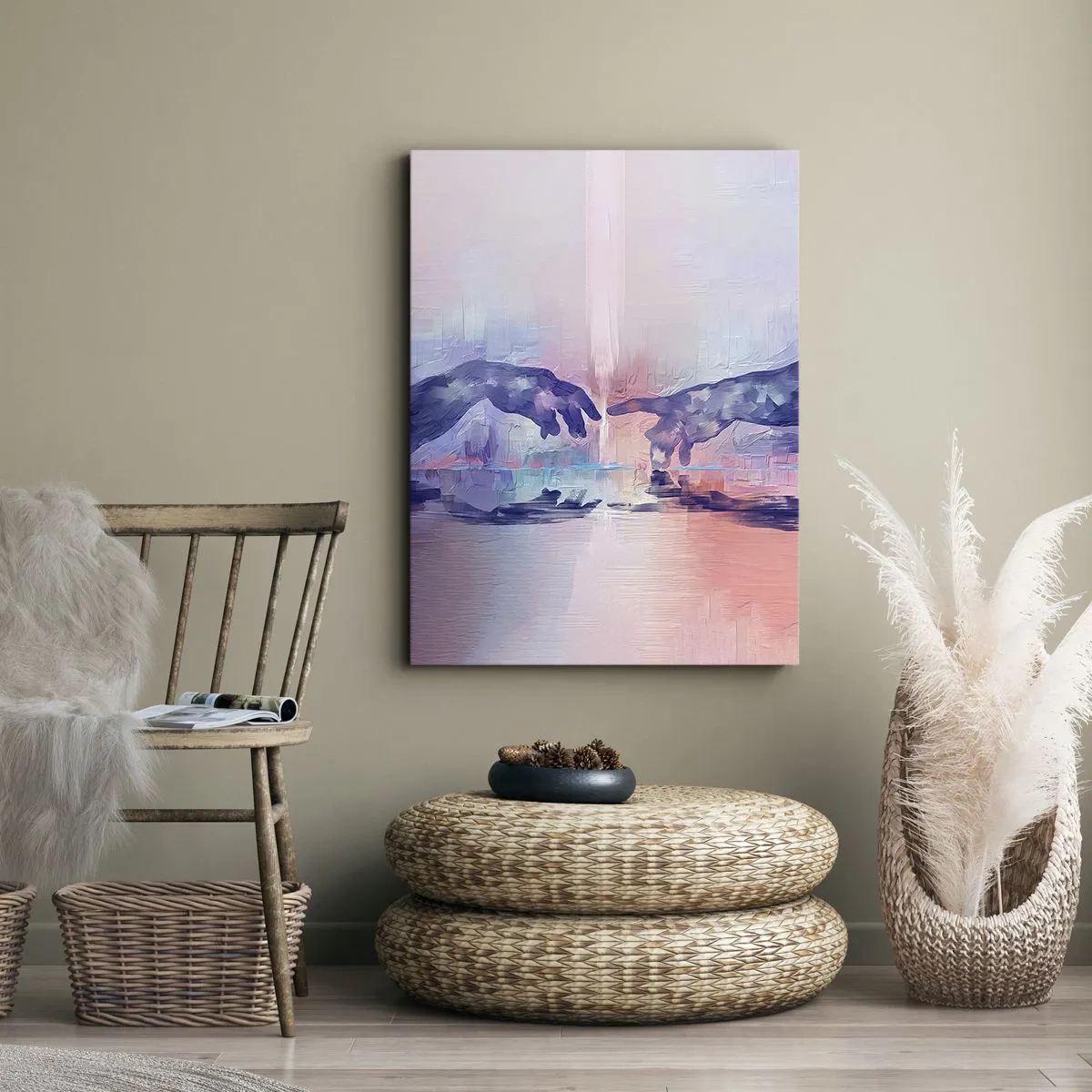 Obraz na płótnie - Abstrakcyjna interpretacja dotyku dwóch dłoni w pastelowych barwach - 50x70cm - Boska iskra życia - Nowoczesna dekoracja ścienna do salonu, kuchni i sypialni ARTTOR