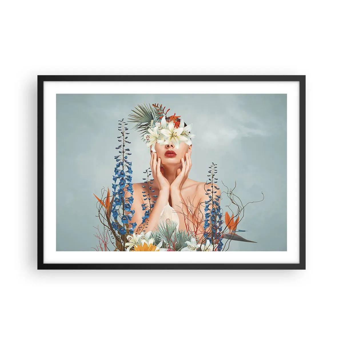 Plakat w czarnej ramie - Portret kobiety z kwiatowym motywem na tle błękitu - 70x50cm - Kobieta – kwiat - Nowoczesna dekoracja ścienna do salonu i sypialni ARTTOR
