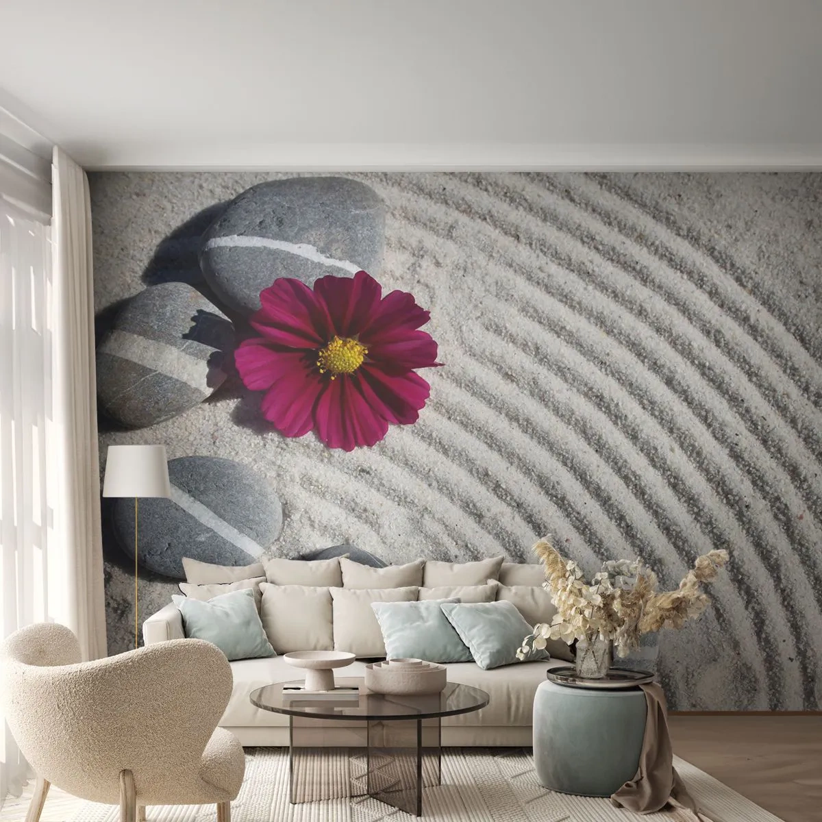 Fototapeta Premium Sand - Energia i spokój magicznego kręgu natury - Kwiaty, Piasek, Kamienie - 400x280 cm
