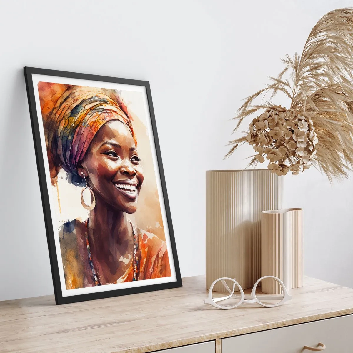 Plakat w czarnej ramie - Portret uśmiechniętej kobiety w kolorowym turbanie - 50x70cm - Afrykańska królowa - Nowoczesna dekoracja ścienna do salonu i sypialni ARTTOR