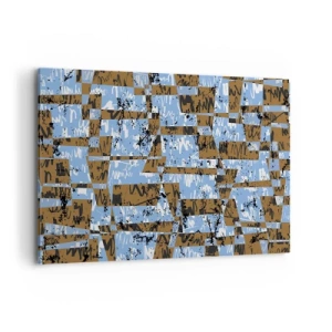 Obraz na płótnie - Abstrakcyjna kompozycja z prostokątów w odcieniach brązu i niebieskiego - 100x70cm - Nieludowa wycinanka - Nowoczesna dekoracja ścienna do salonu, kuchni i sypialni ARTTOR