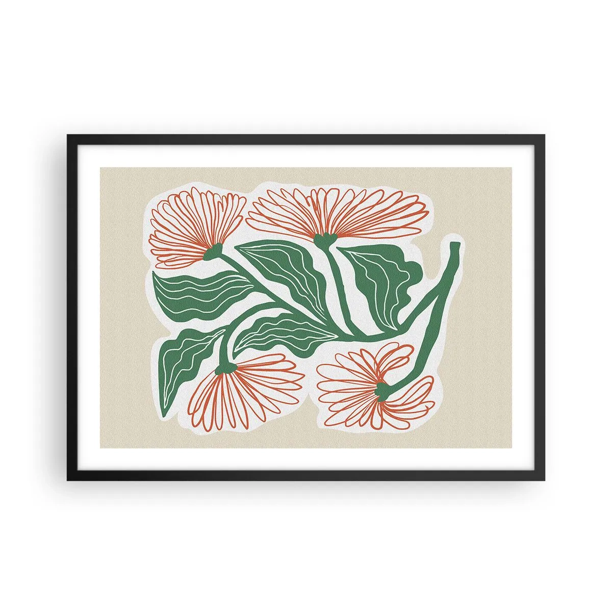 Plakat w czarnej ramie - Rysunek kwiatów w stylu minimalistycznym z zielonymi liśćmi - 70x50cm - Ludowe i nowoczesne - Nowoczesna dekoracja ścienna do salonu i sypialni ARTTOR