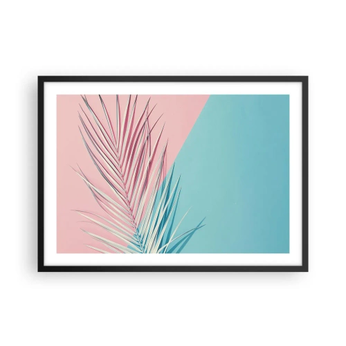Plakat w czarnej ramie - Tropikalny liść na tle pastelowych odcieni różu i błękitu - 70x50cm - Tropikalna impresja - Nowoczesna dekoracja ścienna do salonu i sypialni ARTTOR