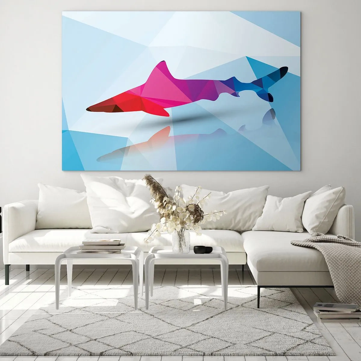 Obraz na szkle - Geometryczny rekin w odcieniach czerwieni i błękitu - 70x50cm - Rekin w krystalicznej przestrzeni - Nowoczesna dekoracja ścienna do salonu i sypialni ARTTOR