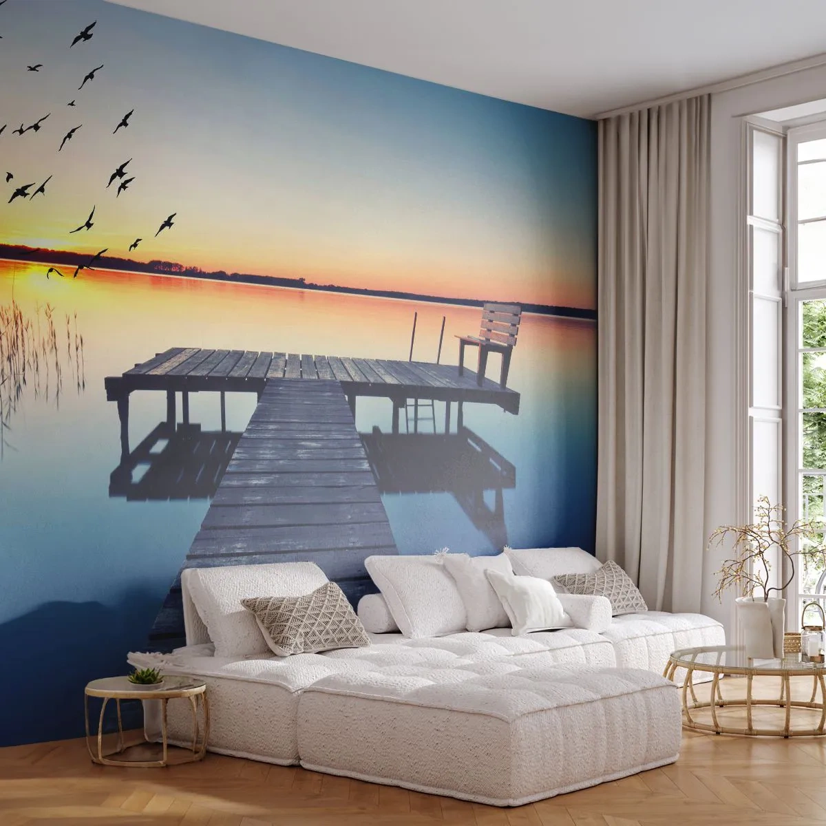 Fototapeta Premium Sand - Drewniany pomost nad jeziorem o zachodzie słońca z ptakami - 100x70cm - To był dobry dzień - Nowoczesna dekoracja ścienna do salonu, kuchni i sypialni ARTTOR