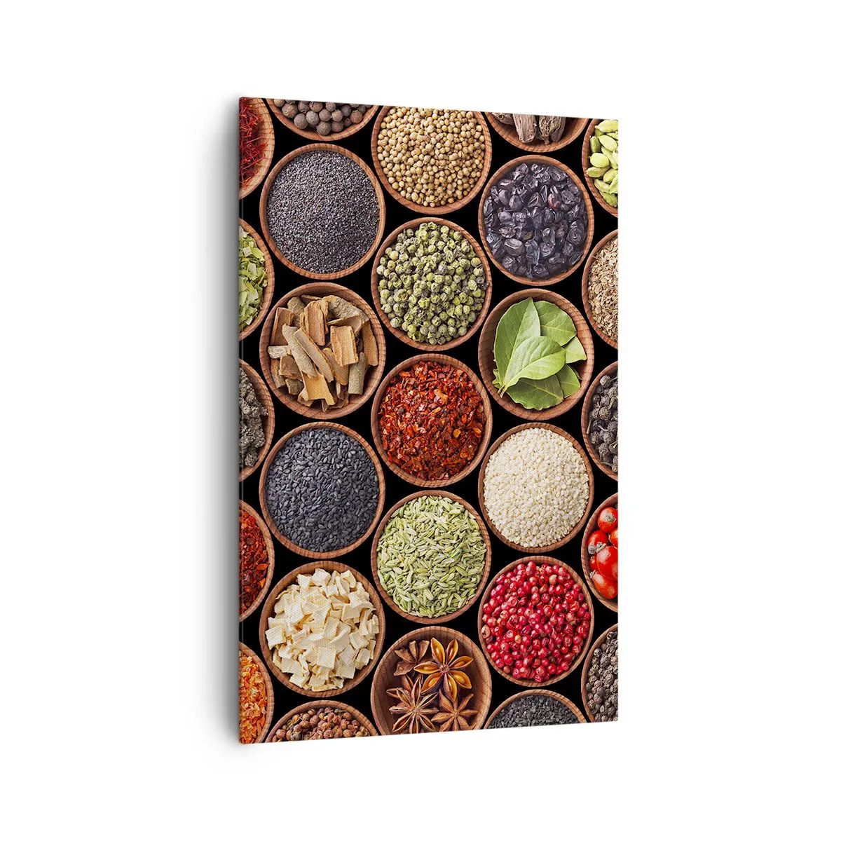 Obraz na płótnie - Kolorowe przyprawy w okrągłych pojemnikach - 80x120cm - Wszystkie smaki świata - Nowoczesna dekoracja ścienna do salonu i sypialni ARTTOR
