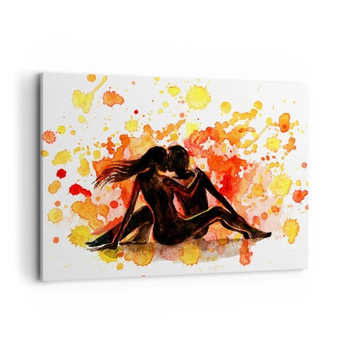 Obraz na płótnie - Romantyczna akwarela dwojga osób w ciepłych barwach - 100x70cm - I stała się światłość - Nowoczesna dekoracja ścienna do salonu, kuchni i sypialni ARTTOR