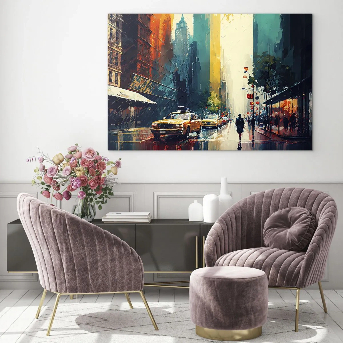 Obraz na szkle - Kolorowe taksówki i wieżowce na mokrej ulicy miasta - 70x50cm - Nowy Jork – tu nawet deszcz jest kolorowy - Nowoczesna dekoracja ścienna do salonu i sypialni ARTTOR