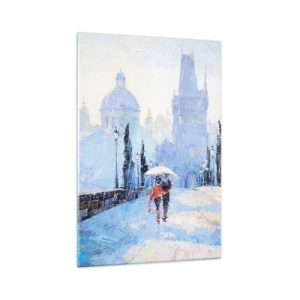Obraz na szkle - Romantyczna para na moście w deszczu, malarska scena - 70x100cm - Nas zaczarować musiał deszcz - Nowoczesna dekoracja ścienna do salonu i sypialni ARTTOR
