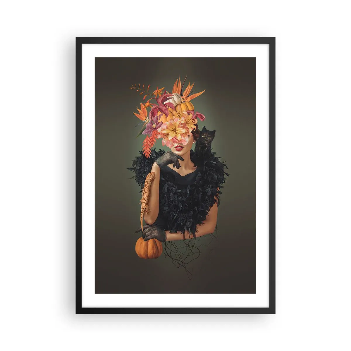 Plakat w czarnej ramie - Artystyczny portret kobiety z kwiatami, dynią i czarnym kotem - 50x70cm - Czar wiedźmy - Nowoczesna dekoracja ścienna do salonu i sypialni ARTTOR
