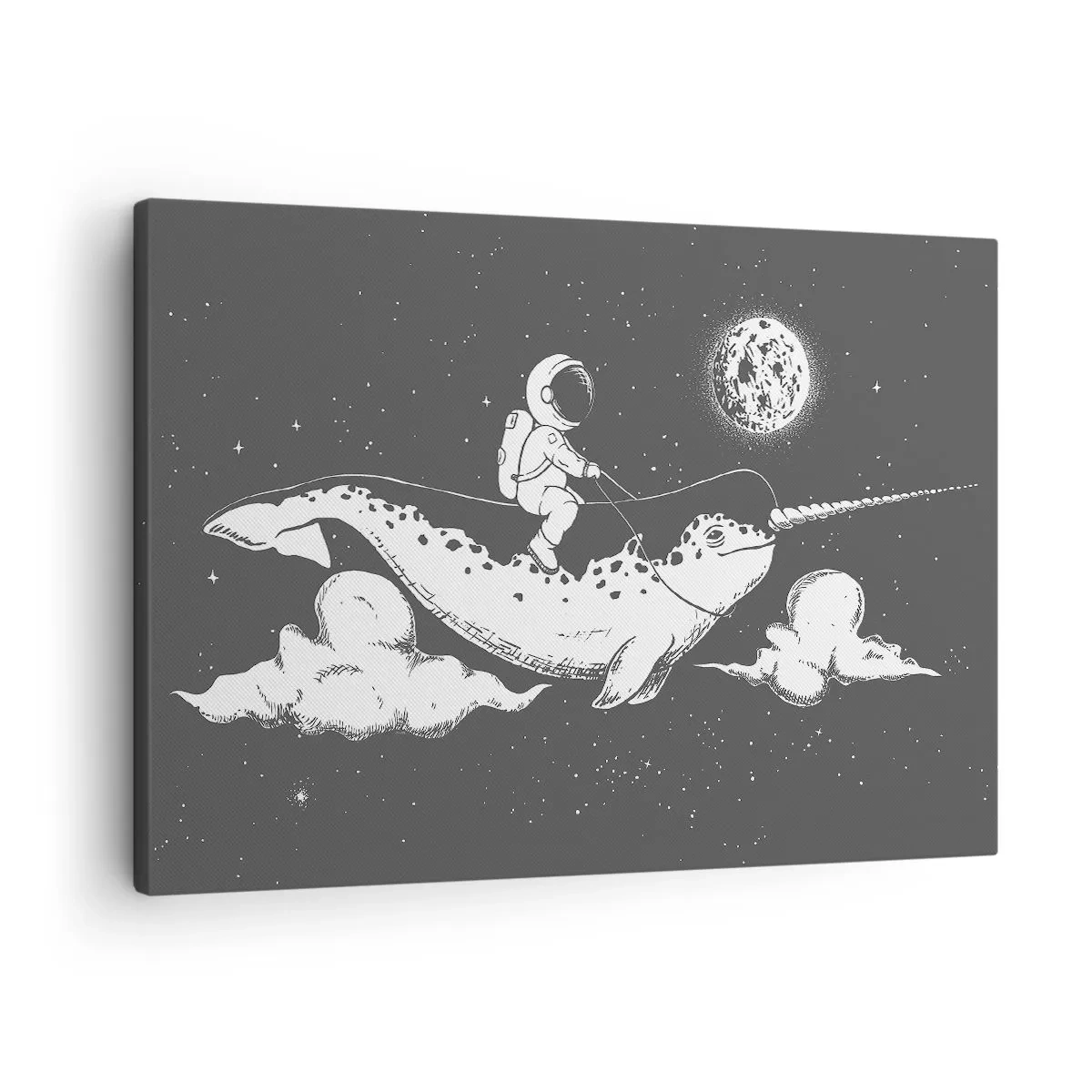 Obraz na płótnie - Astronauta na grzbiecie narwala unoszącego się w kosmicznej scenerii - 70x50cm - Kosmiczny jeździec - Nowoczesna dekoracja ścienna do salonu i sypialni ARTTOR