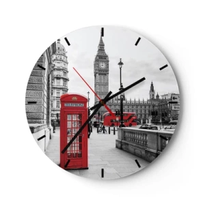 Zegar ścienny - Big Ben i czerwona budka telefoniczna na tle Londynu - 30x30cm - Bez wątpienia Londyn - Nowoczesna dekoracja ścienna do salonu, kuchni i sypialni ARTTOR
