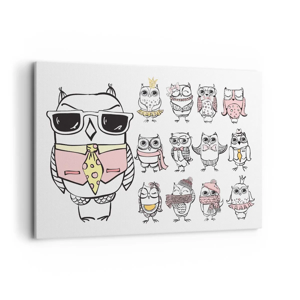 Obraz na płótnie - Sowy w różnych stylach i ubraniach - 120x80cm - Tyle ról do zagrania - Nowoczesna dekoracja ścienna do salonu, kuchni i sypialni ARTTOR
