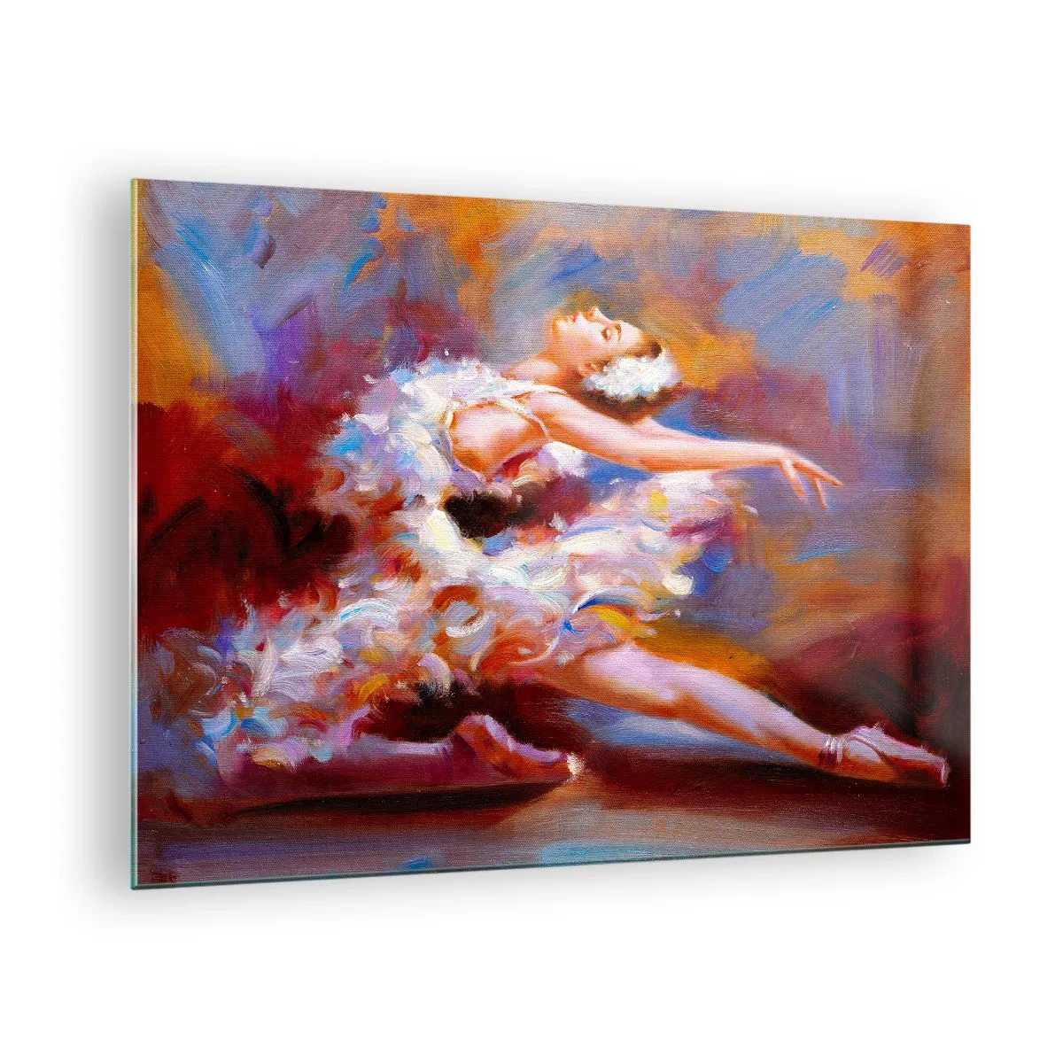 Obraz na szkle - Baletnica w dynamicznej pozie na tle abstrakcyjnych kolorów - 70x50cm - Łabędzia gracja - Nowoczesna dekoracja ścienna do salonu i sypialni ARTTOR