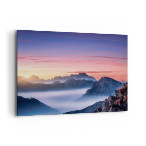 Obraz na płótnie - Górski krajobraz o wschodzie słońca z mgłami w dolinach - 120x80cm - Nad dolinami - Nowoczesna dekoracja ścienna do salonu, kuchni i sypialni ARTTOR