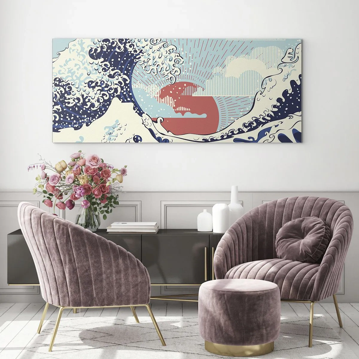 Obraz na szkle - Fale oceanu i zachodzące słońce w stylu japońskim - 120x50cm - Z japońskich inspiracji - Nowoczesna dekoracja ścienna do salonu i sypialni ARTTOR