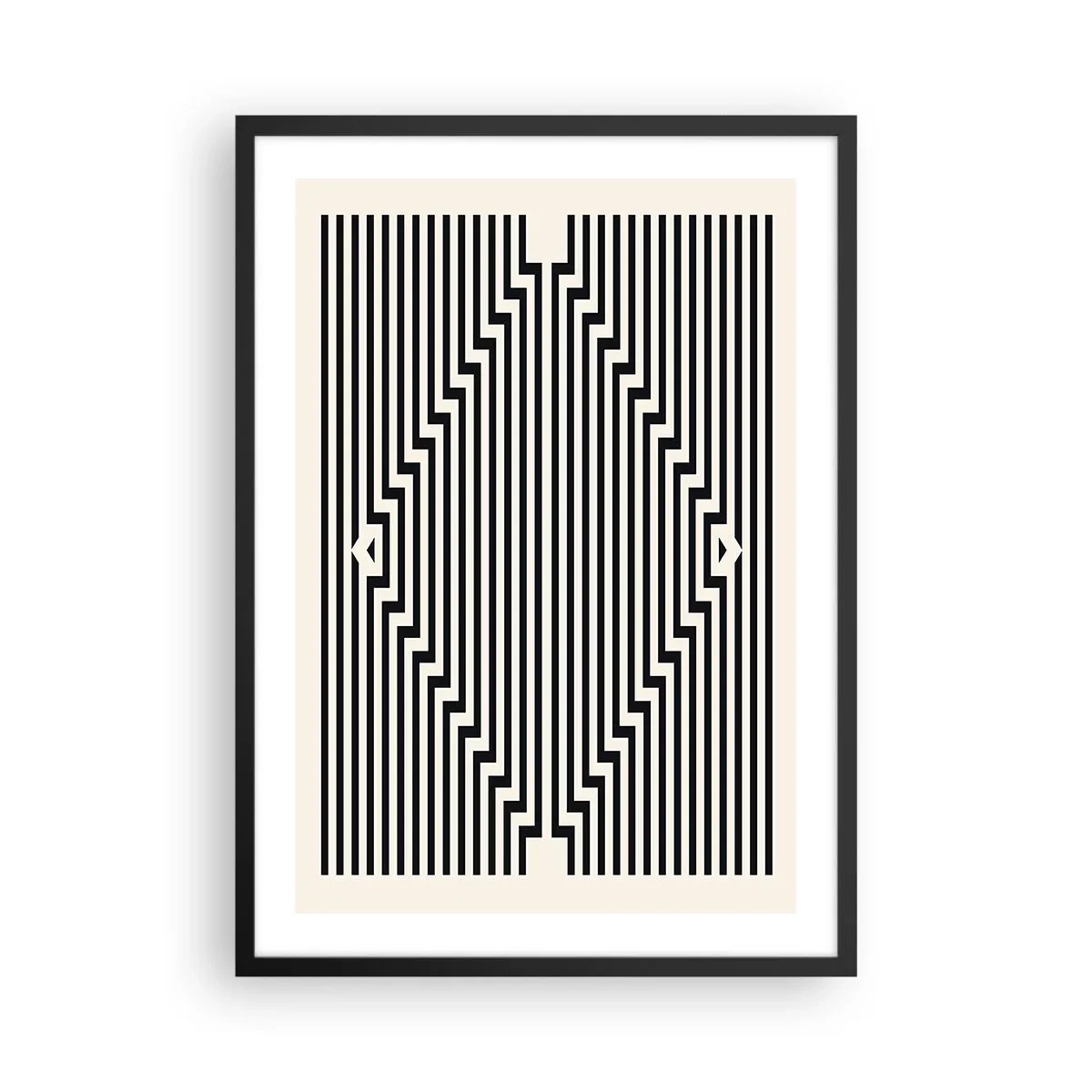 Plakat w czarnej ramie - Czarno-białe linie tworzące optyczną iluzję - 50x70cm - Geometryczna iluzja - Nowoczesna dekoracja ścienna do salonu i sypialni ARTTOR